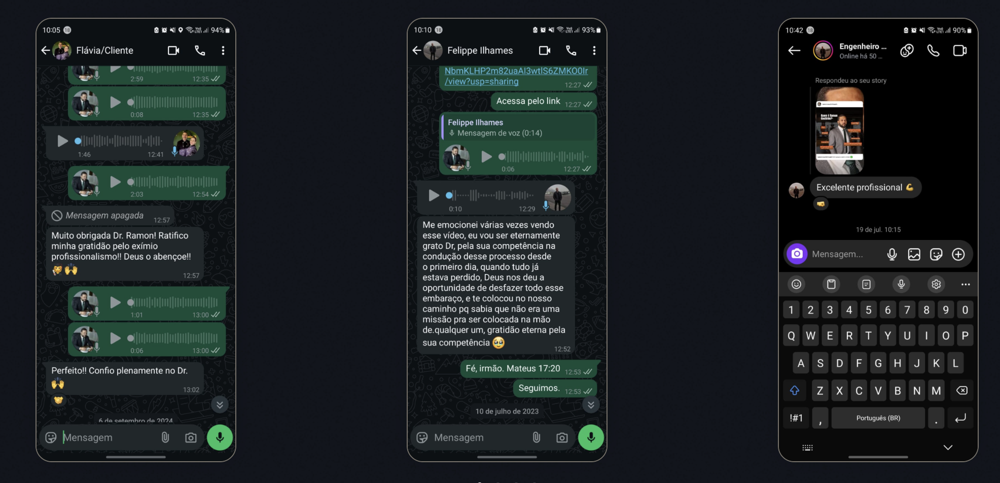 Mensagens de clientes agradecendo o Dr. Ramon pelo trabalho no processo