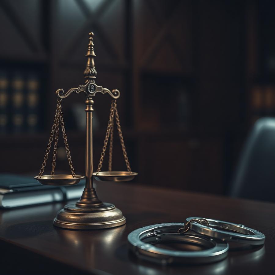 Balança da justiça e algemas sobre a mesa de um escritório de advocacia